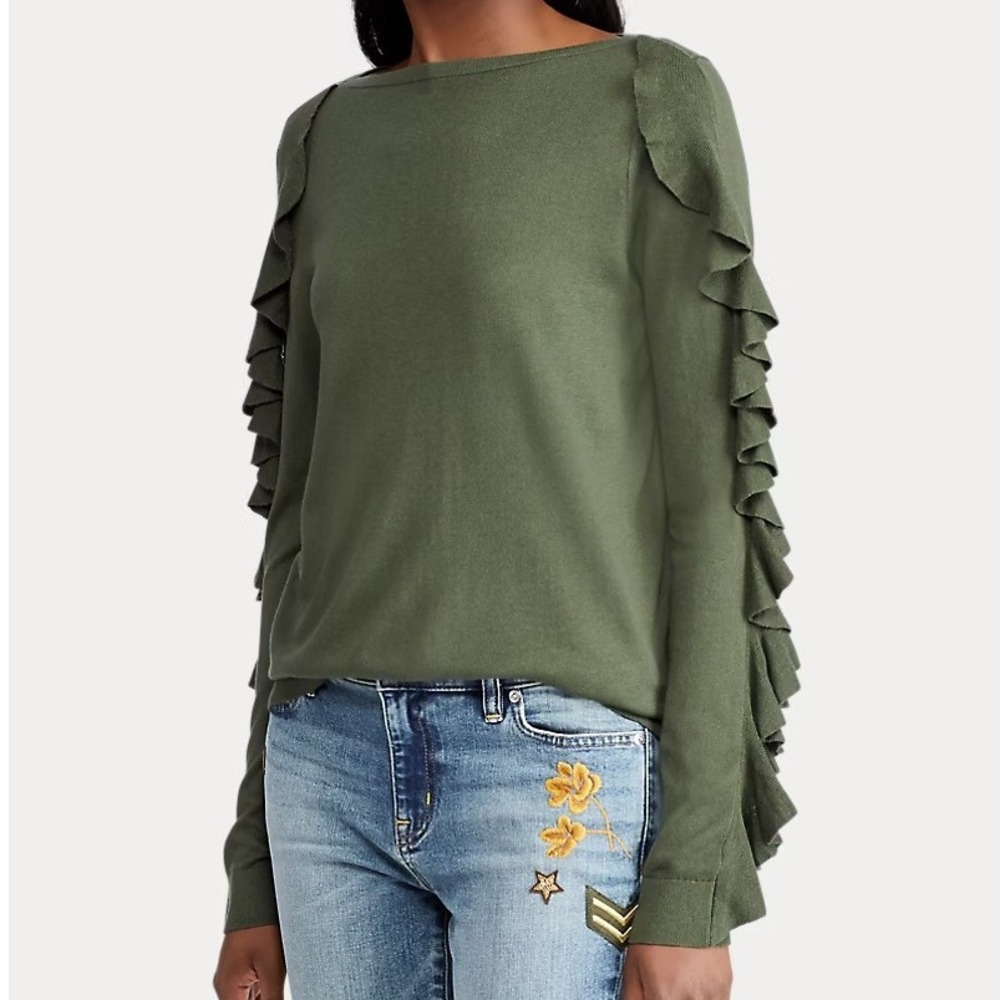 Lauren Ralph Lauren Olive Green Ruffle Sleeve Sweater Petite Long Sleeve